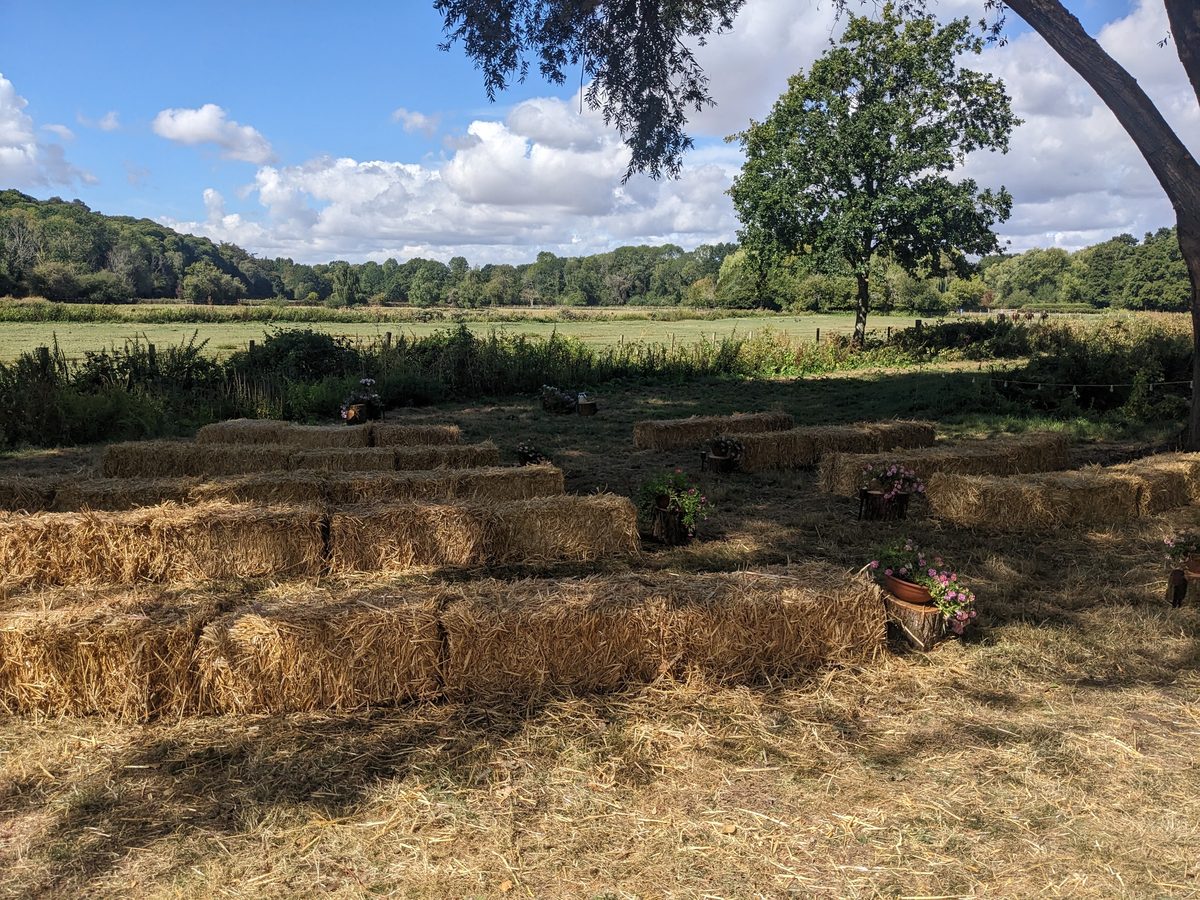 Rows of hay bales set out for a ceremony, looking across a meadow to the trees