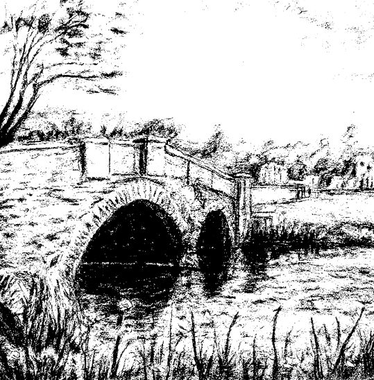 Pen and ink drawing of the stone bridge over the River Wey